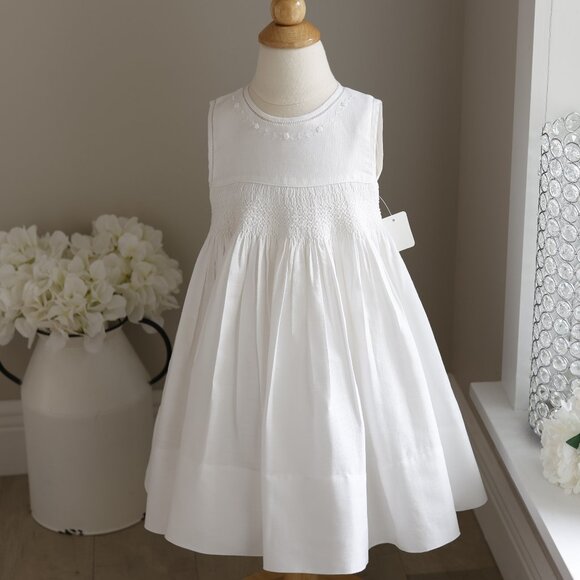 RARE White Smocked Linen Flower Girl Dress Feltman Brothers Beach Wedding NWOT - Picture 1 of 6